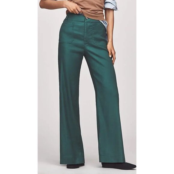 Anthropologie Colette Linen Full Length Wide Leg Pants Maeve Green Women Size 26